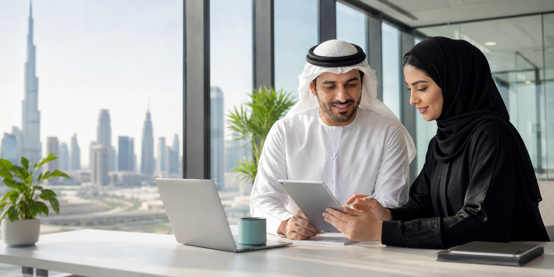 فريق أعمال إماراتي يستخدم أدوات رقمية في مكتب حديث بدبي